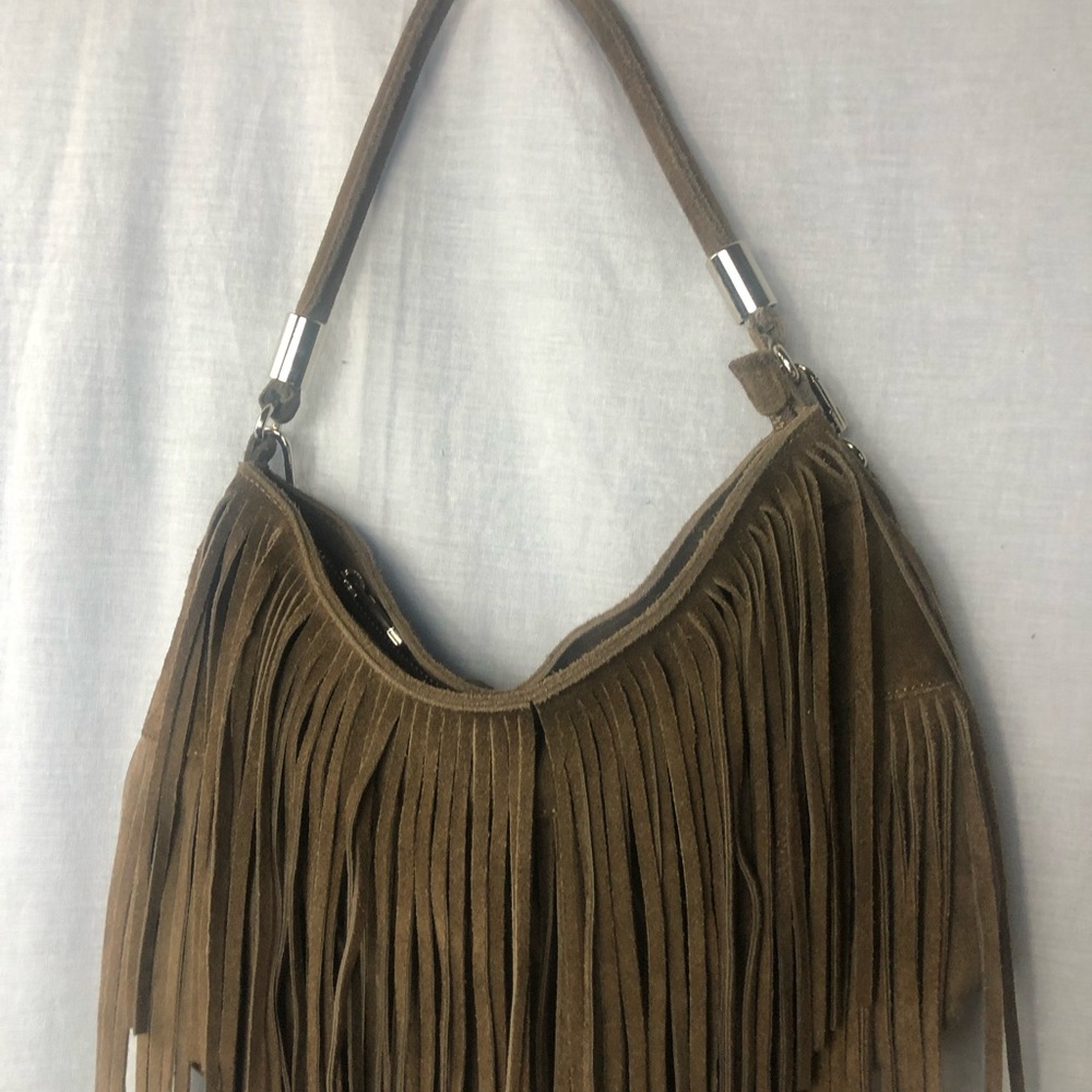 Prune Brown Suede Fringe Hobo Bag
